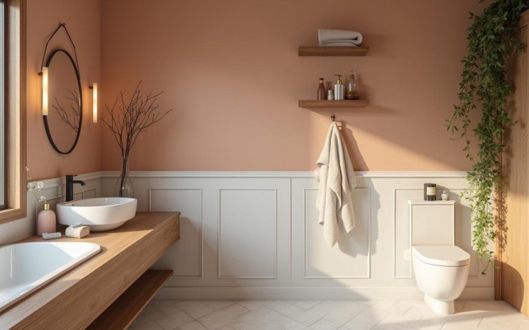 Salle de bain moderne avec une palette de trois couleurs harmonieuses et des éléments en bois.