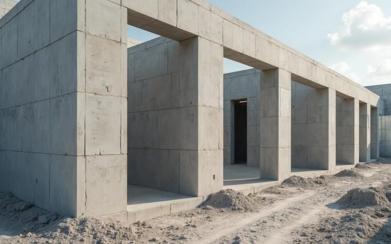 Chantier de construction avec des parpaings utilisés pour des murs porteurs et des cloisons.