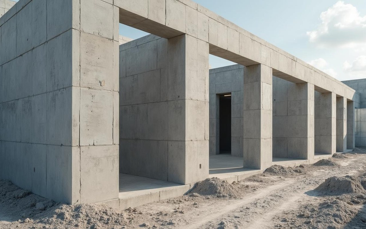 Chantier de construction avec des parpaings utilisés pour des murs porteurs et des cloisons.