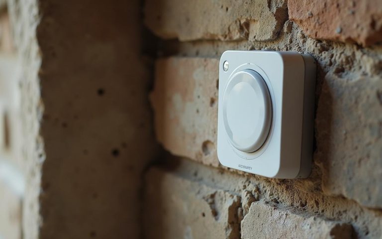 Installation d'un boîtier anti-humidité sur un mur en pierre avec signes d'humidité.