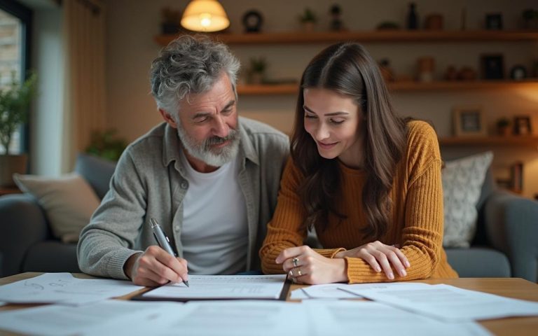 Couple examinant un compromis de vente immobilier dans un cadre accueillant.