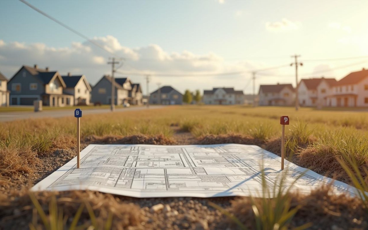 Terrain constructible en lotissement avec panneaux de limites cadastrales.