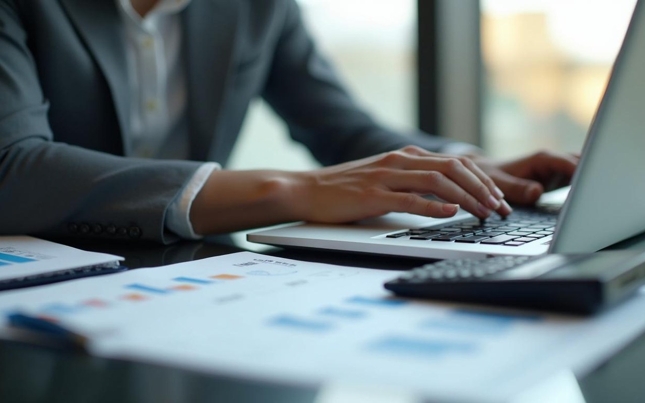 Particulier utilisant un simulateur de crédit-bail immobilier dans un bureau moderne.