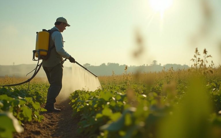 Agriculteur appliquant un désherbant glyphosate dans un champ avec des mauvaises herbes.