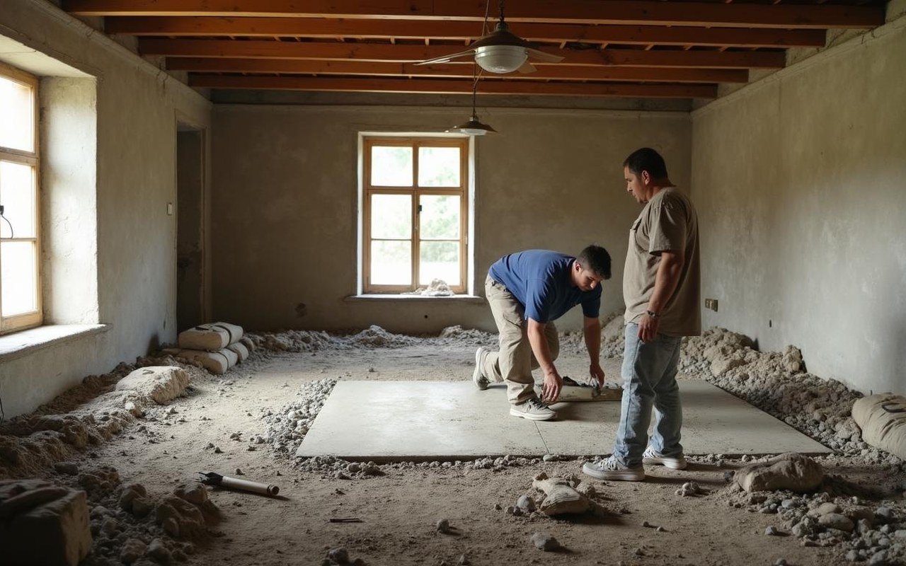 Chantier de rénovation d'une maison ancienne avec préparation du sol pour une dalle en béton.