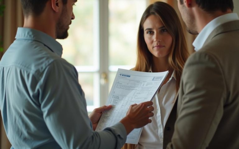 Agent immobilier présentant un dossier de diagnostic à des acheteurs potentiels dans une maison.