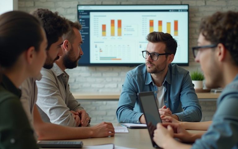 Groupe d'apprenants en formation en ligne discutant autour d'un ordinateur avec des graphiques de satisfaction.