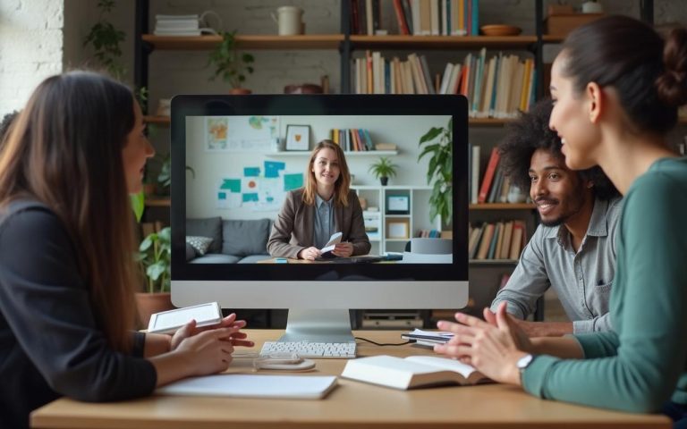 Apprenants en formation en ligne avec un mentor sur écran, entourés de livres.