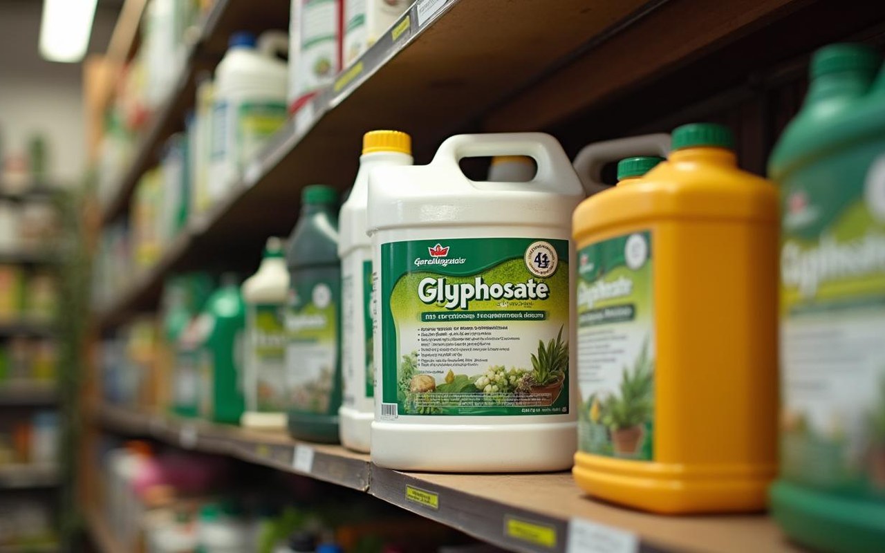 Magasin de jardinage en Espagne avec des bidons de glyphosate en exposition.