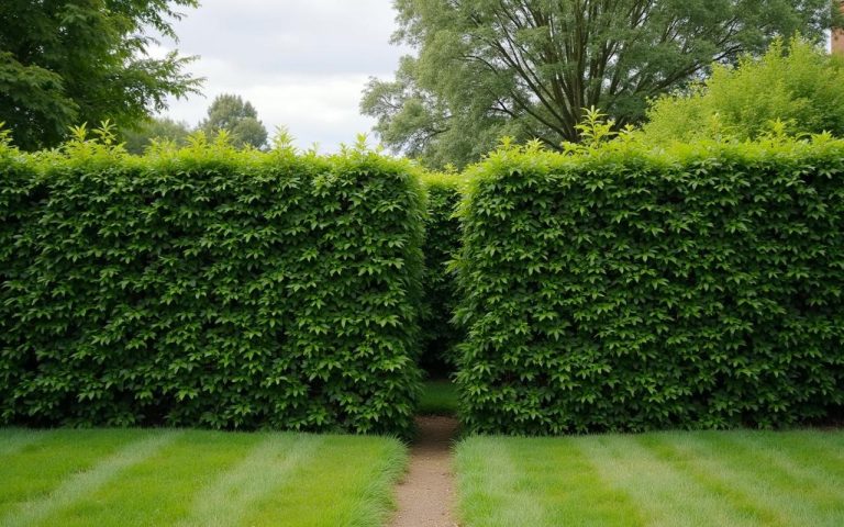 Haie mitoyenne entre deux jardins, respectant les règles de hauteur et de distance.