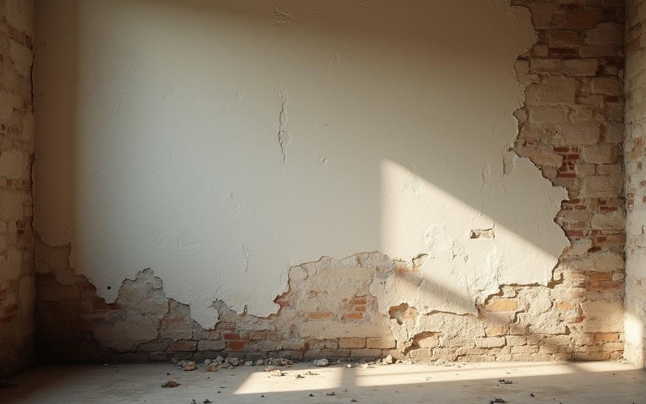 Mur intérieur d'une maison ancienne avec signes d'humidité et dégradations visibles.