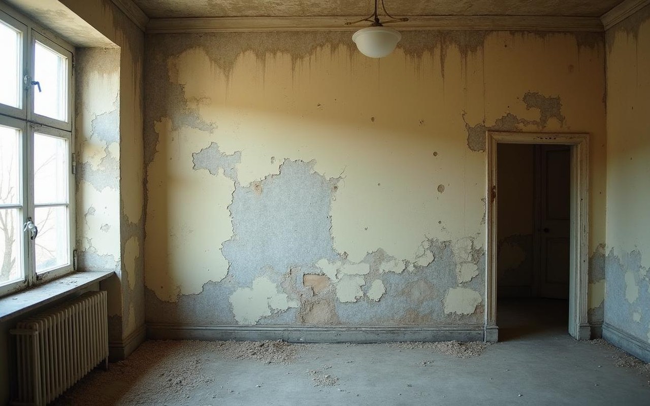 Mur intérieur d'une maison ancienne avec traces d'humidité et moisissures.