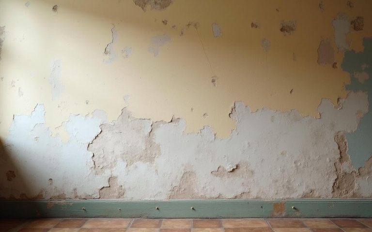 Mur intérieur d'une maison ancienne avec signes d'humidité et peinture qui cloque.