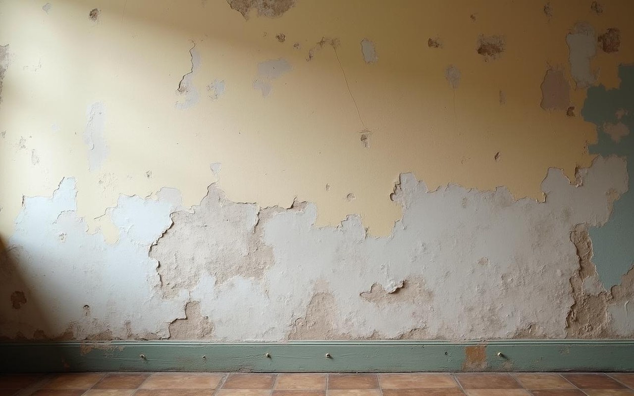Mur intérieur d'une maison ancienne avec signes d'humidité et peinture qui cloque.