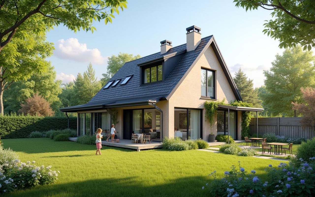 Maison familiale moderne à vendre à Étampes avec jardin et enfants jouant.