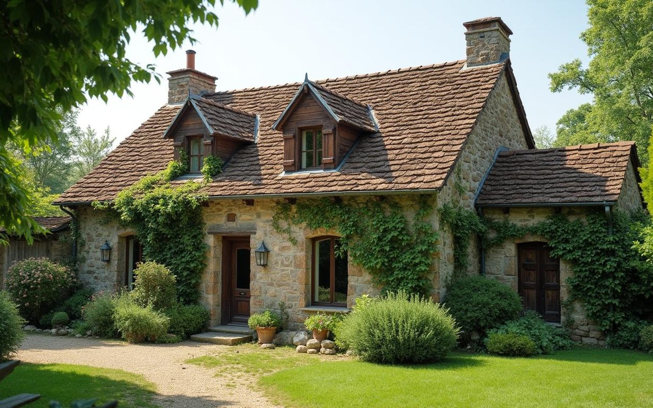 Maison traditionnelle en pierre dans le Perche, entourée de verdure.