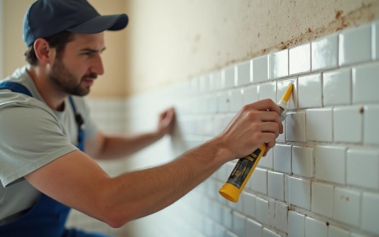 Artisan posant des carreaux avec un mortier-colle adapté sur un mur.