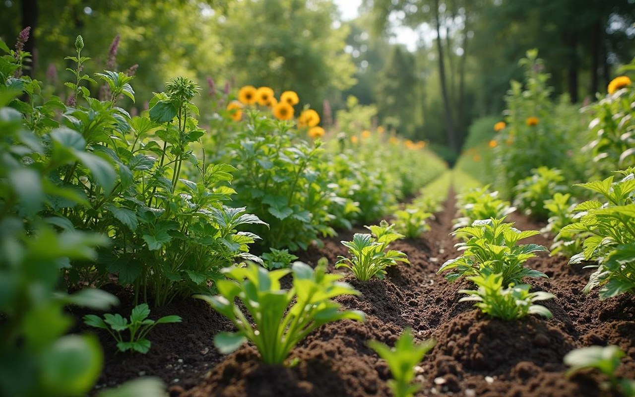 Jardin avec des plantes saines et os de seiche comme amendement naturel