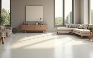 Intérieur moderne avec un sol récemment peint en tons neutres.