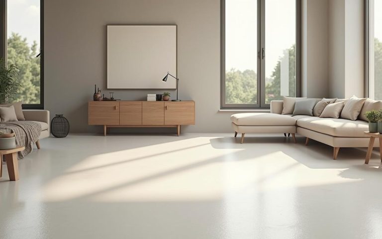 Intérieur moderne avec un sol récemment peint en tons neutres.