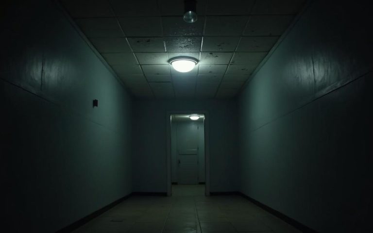 Plafond en Placo avec fissures légères dans une pièce sombre, évoquant des bruits nocturnes.