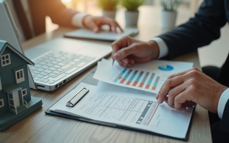 Agent immobilier explique le calcul de la plus-value à un couple dans un bureau.