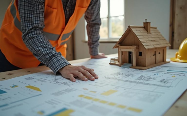 Agent immobilier évaluant une maison avec travaux à prévoir, plans et devis autour.