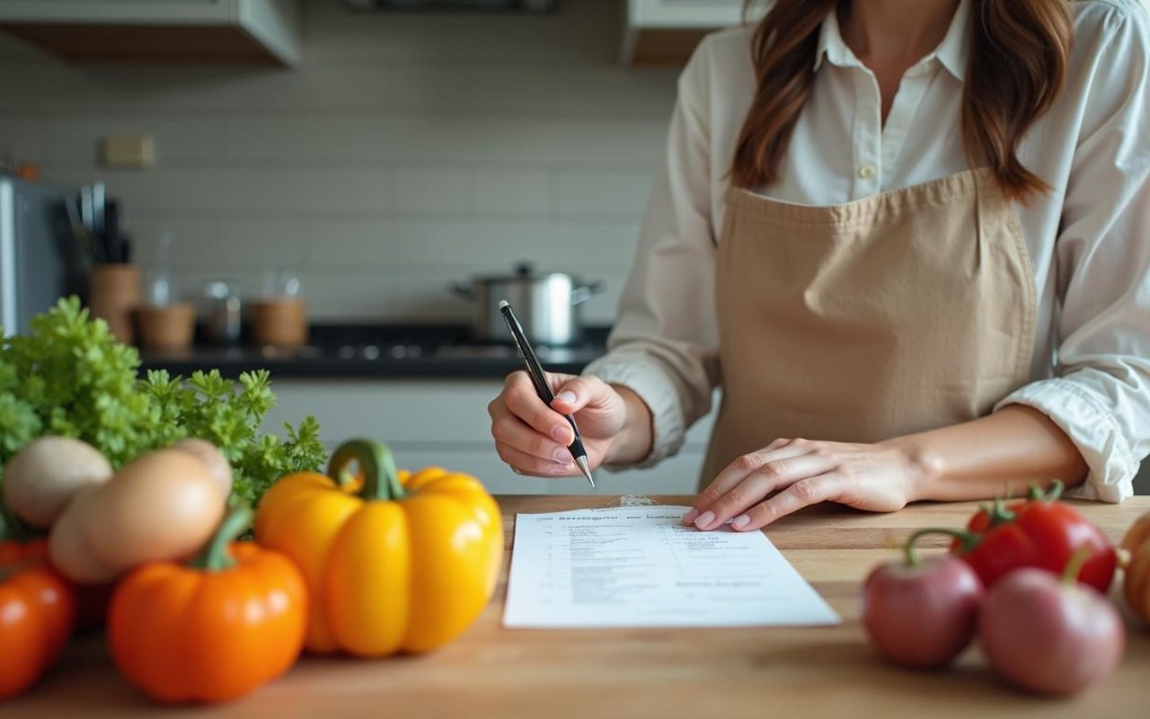 Personne planifiant ses repas dans une cuisine moderne pour économiser sur les courses.
