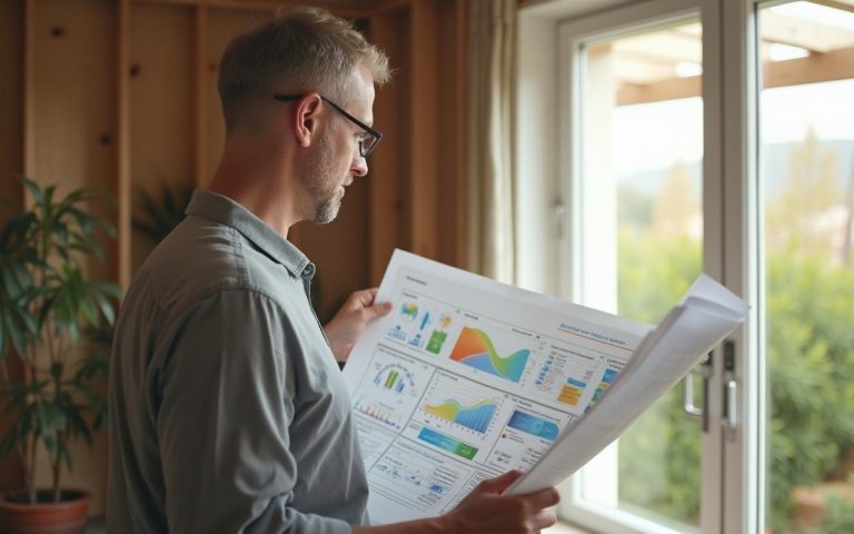 Propriétaire examinant des plans de rénovation énergétique pour un habitat durable.