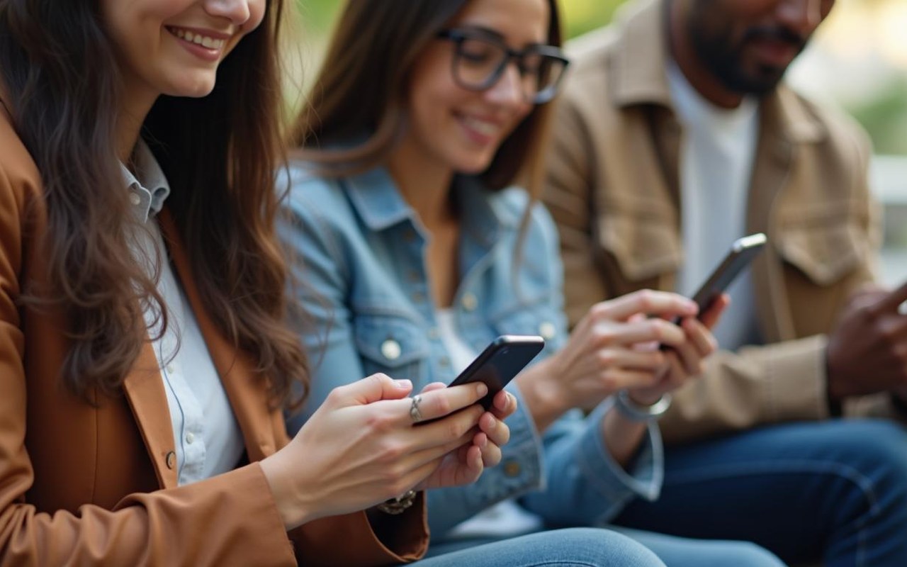 Groupe diversifié utilisant des appareils mobiles pour des transferts d'argent internationaux.