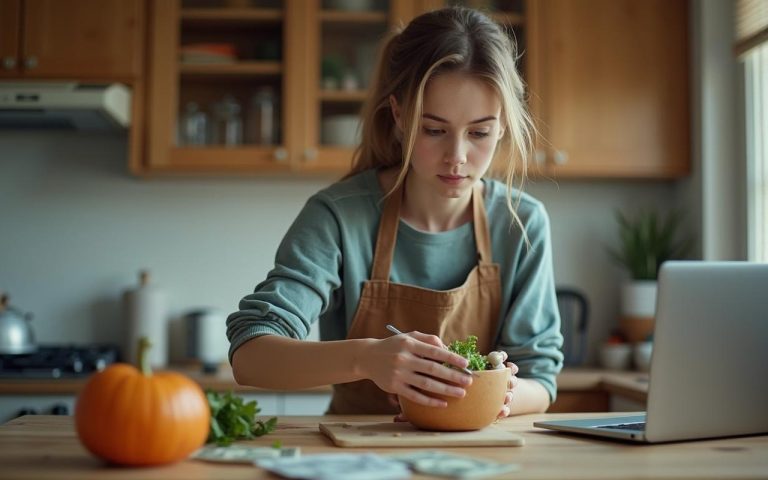 Un étudiant en colocation préparant un repas économique dans une petite cuisine.