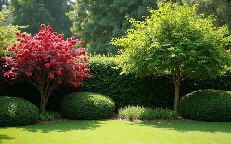 Petit jardin avec Arbre de Judée, Érable du Japon et Acacia Boule, idéal pour petits espaces.