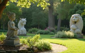 Jardin avec statues classiques, animalières et modernes intégrées dans le paysage