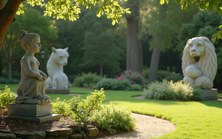 Jardin avec statues classiques, animalières et modernes intégrées dans le paysage