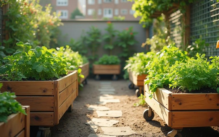 Différents modèles de carrés potagers dans un jardin urbain avec des légumes frais.