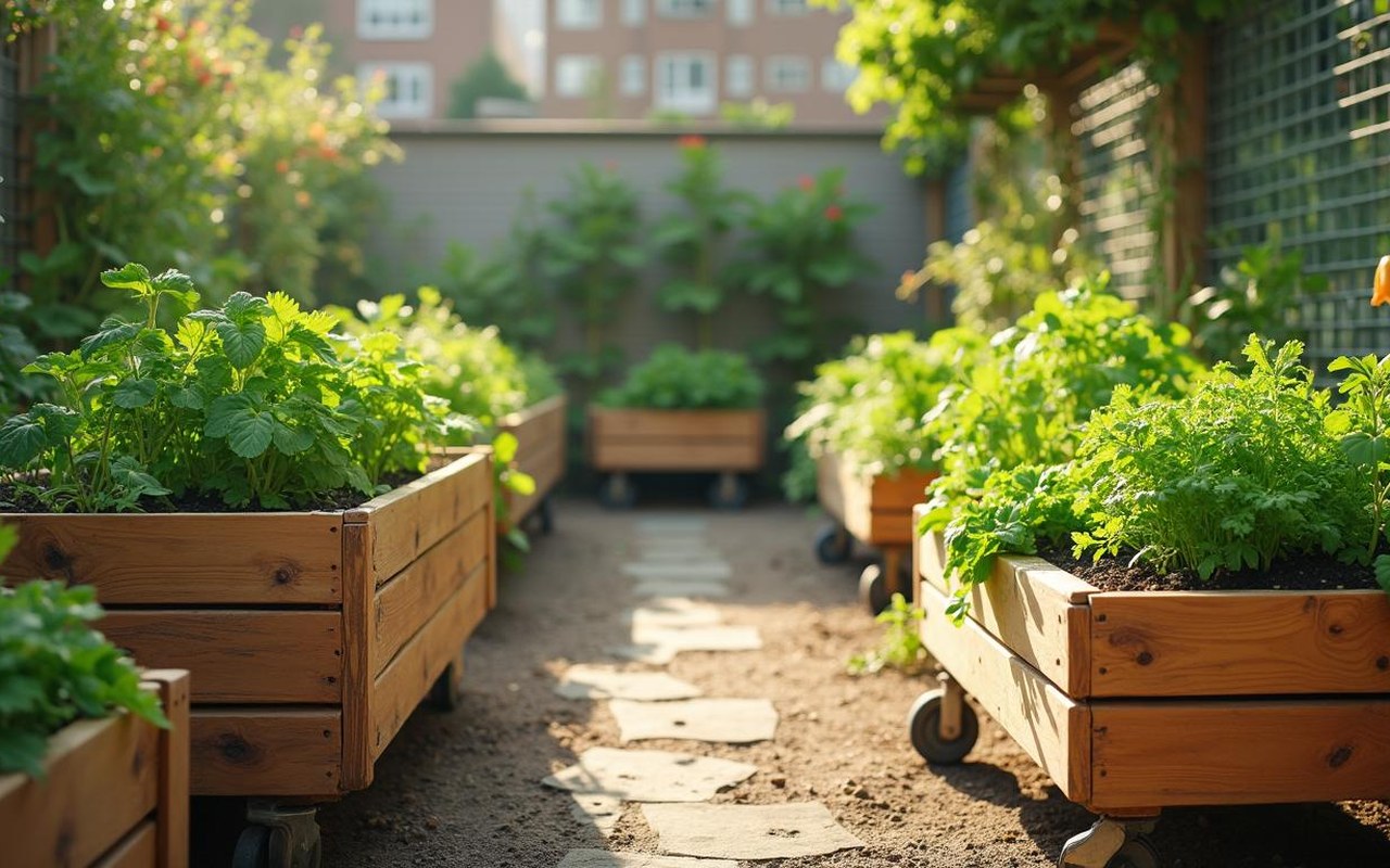 Différents modèles de carrés potagers dans un jardin urbain avec des légumes frais.