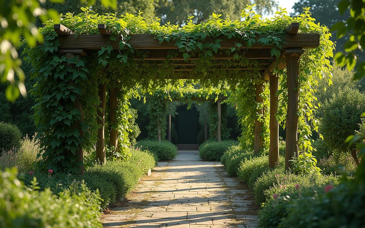 Jardin avec pergola et plantes grimpantes créant une zone d'ombre agréable.