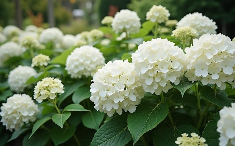 Un jardin avec différentes variétés d'hortensias blancs en fleurs, créant une ambiance lumineuse et harmonieuse.
