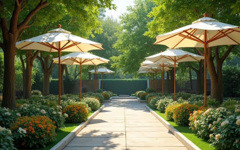 Jardin avec différents arbres parasols offrant de l'ombre naturelle.