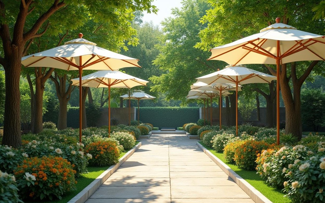 Jardin avec différents arbres parasols offrant de l'ombre naturelle.