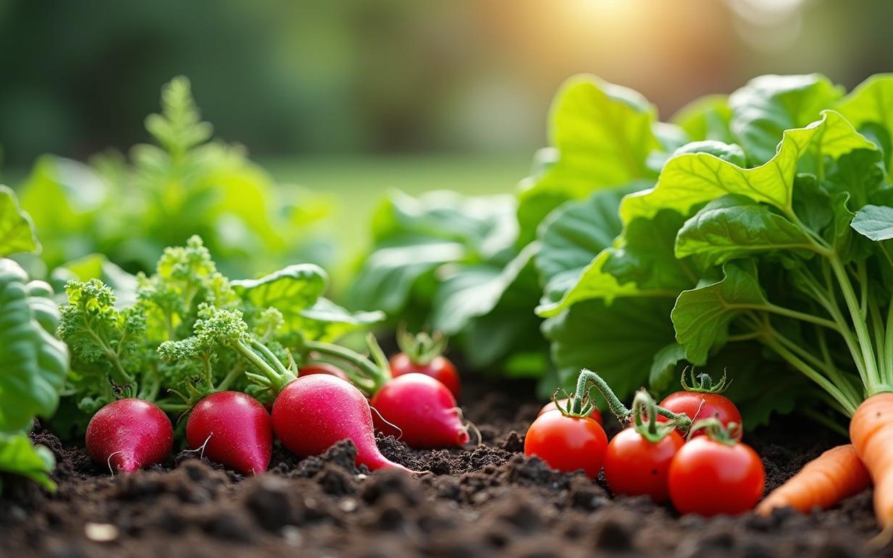 Carré potager avec radis, tomates cerises, haricots nains, épinards, carottes et courgettes en pleine croissance.