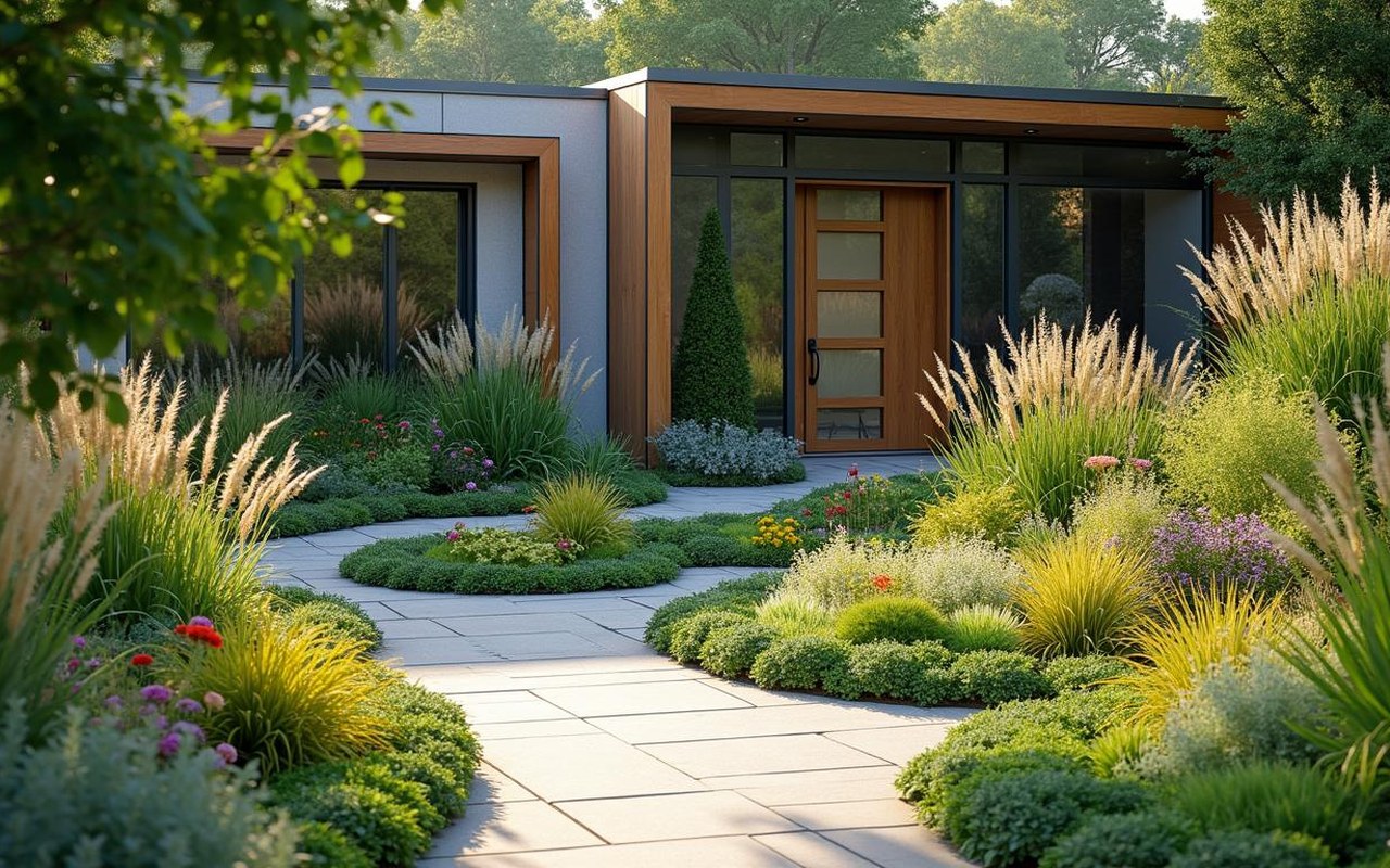 Massif de fleurs moderne avec des formes géométriques et des plantes colorées dans un jardin.