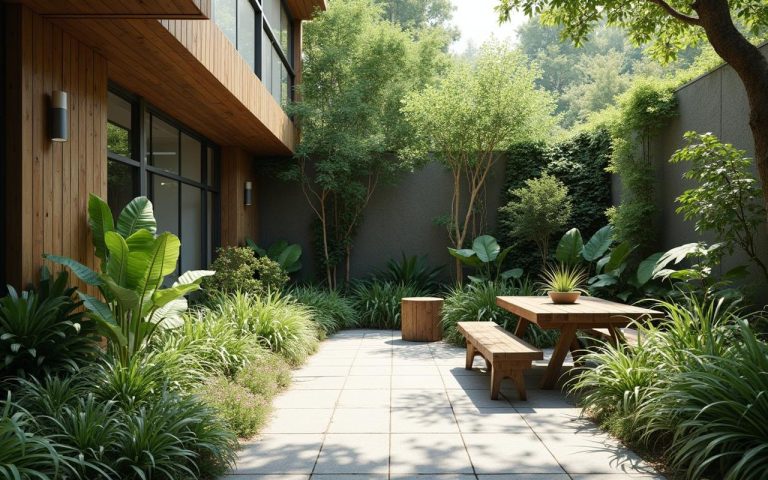 Jardin de ville avec plantes adaptées à l'ombre et design vertical