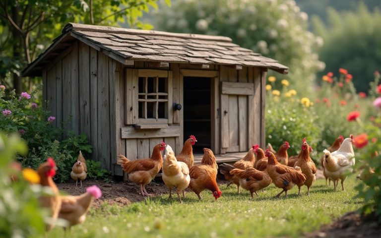 Poulailler en bois dans un jardin avec des poules qui picorent.