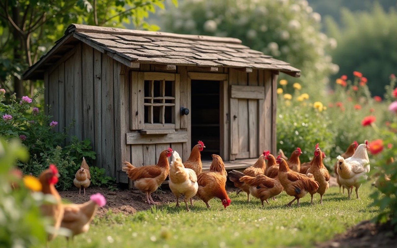 Poulailler en bois dans un jardin avec des poules qui picorent.