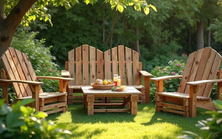 Salon de jardin en palette bien traité dans un jardin verdoyant.