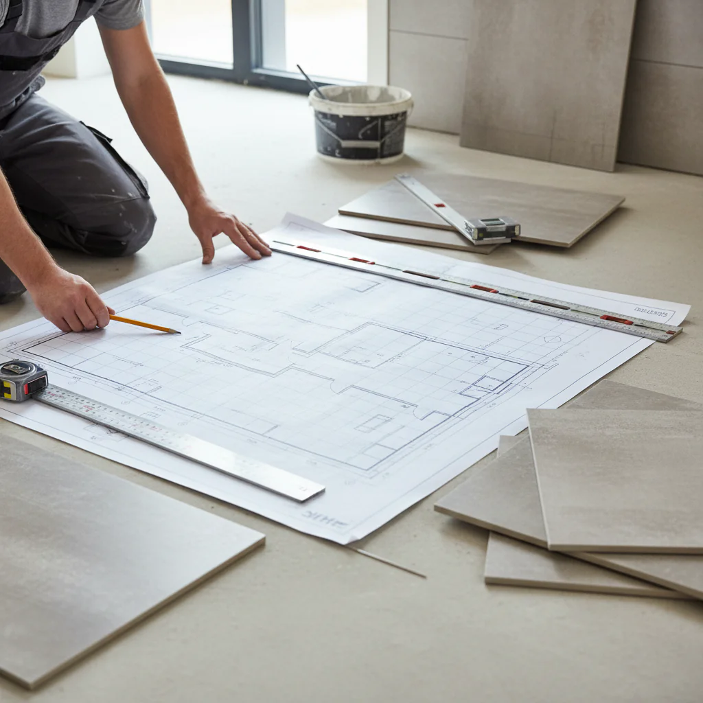 Illustration réaliste sur Calepinage : planifier sa pose de carrelage pour éviter les erreurs
