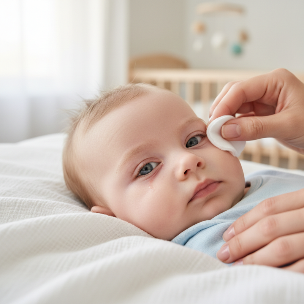 Illustration réaliste sur Conjonctivite bébé : reconnaître et traiter l'inflammation oculaire
