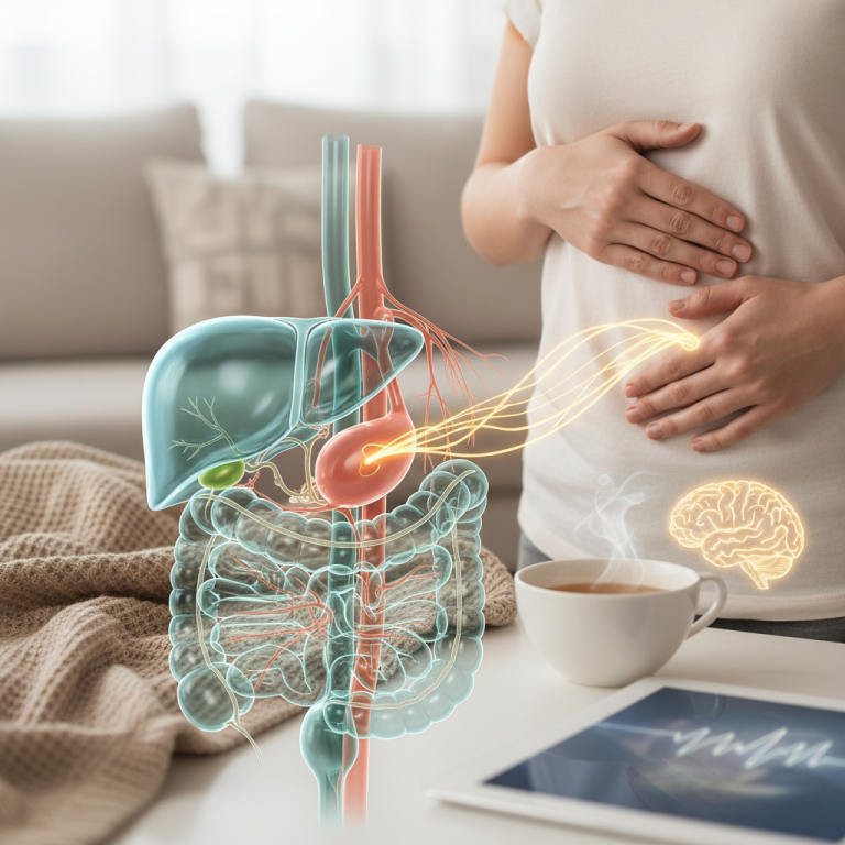 Illustration réaliste sur Vésicule biliaire et stress : comprendre les douleurs et les apaiser