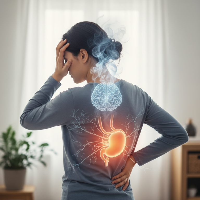 Illustration réaliste sur Stress et douleurs à la vésicule biliaire : un lien souvent méconnu
